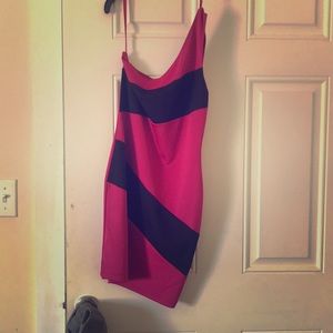 Fitted pink and black dress. One shoulder. SMALL.